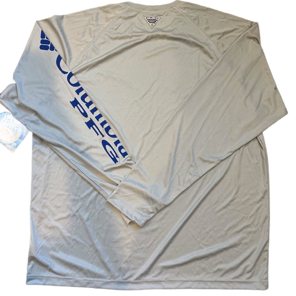 NWT Columbia Men's Water/Fishing/Sun Light Gray Long Sleeve Tee with Blue Logo - Picture 2 of 6